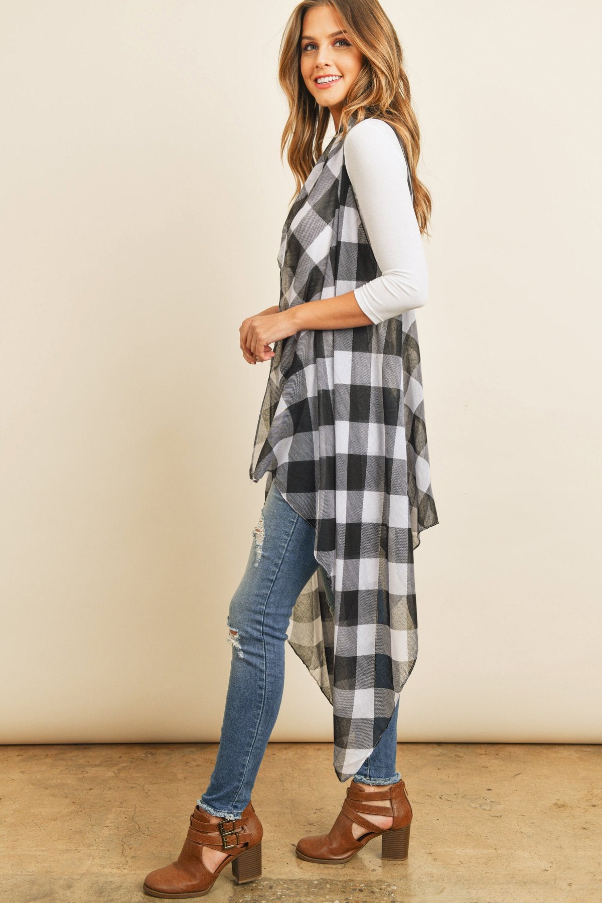 Hdf2567bk - Black Plaid Knee Length Kimono Cardigan