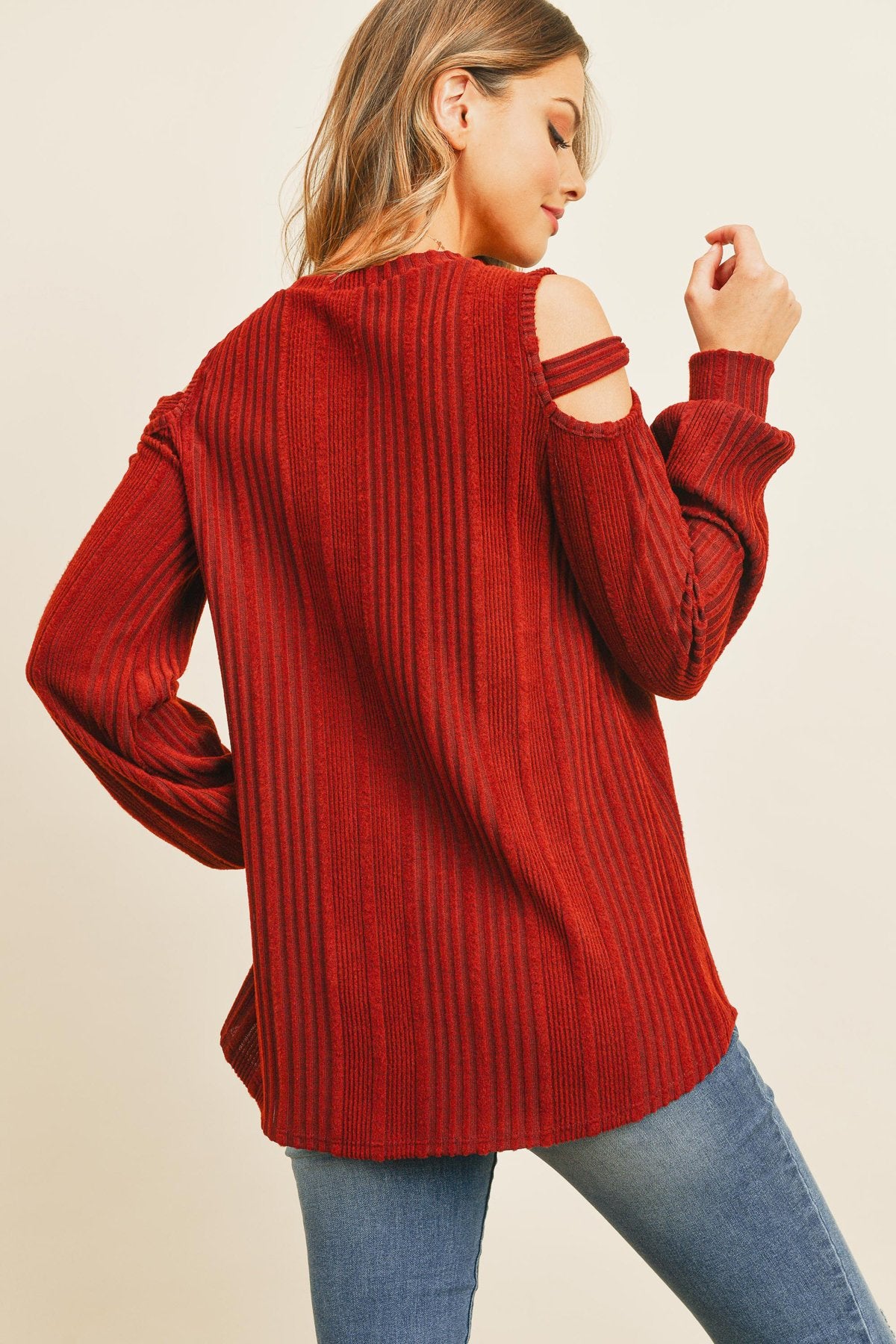 Ladder Open Should Long Sleeved Rib Detail Top