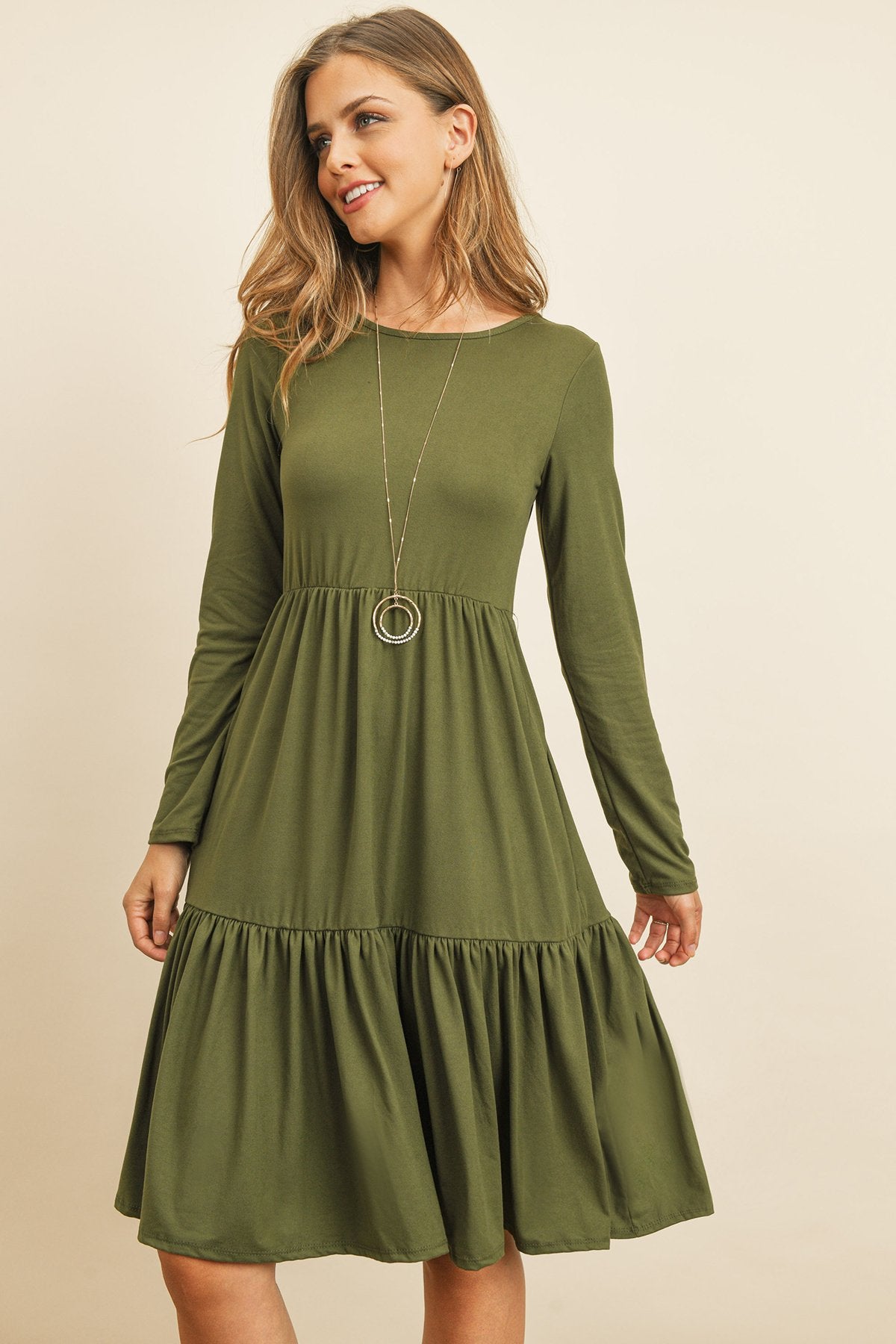 Solid Long Sleeve Double Layered Ruffle Dress