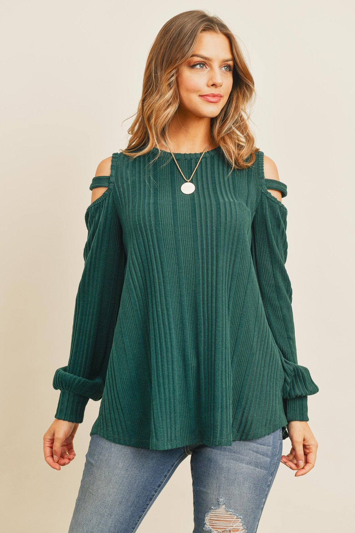 Ladder Open Should Long Sleeved Rib Detail Top