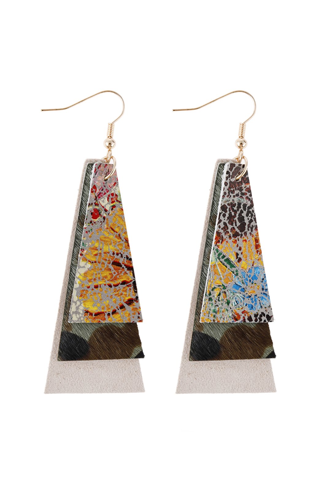 Hde2890 - Animal Print Layered Leather Trapezoid Hook Earrings