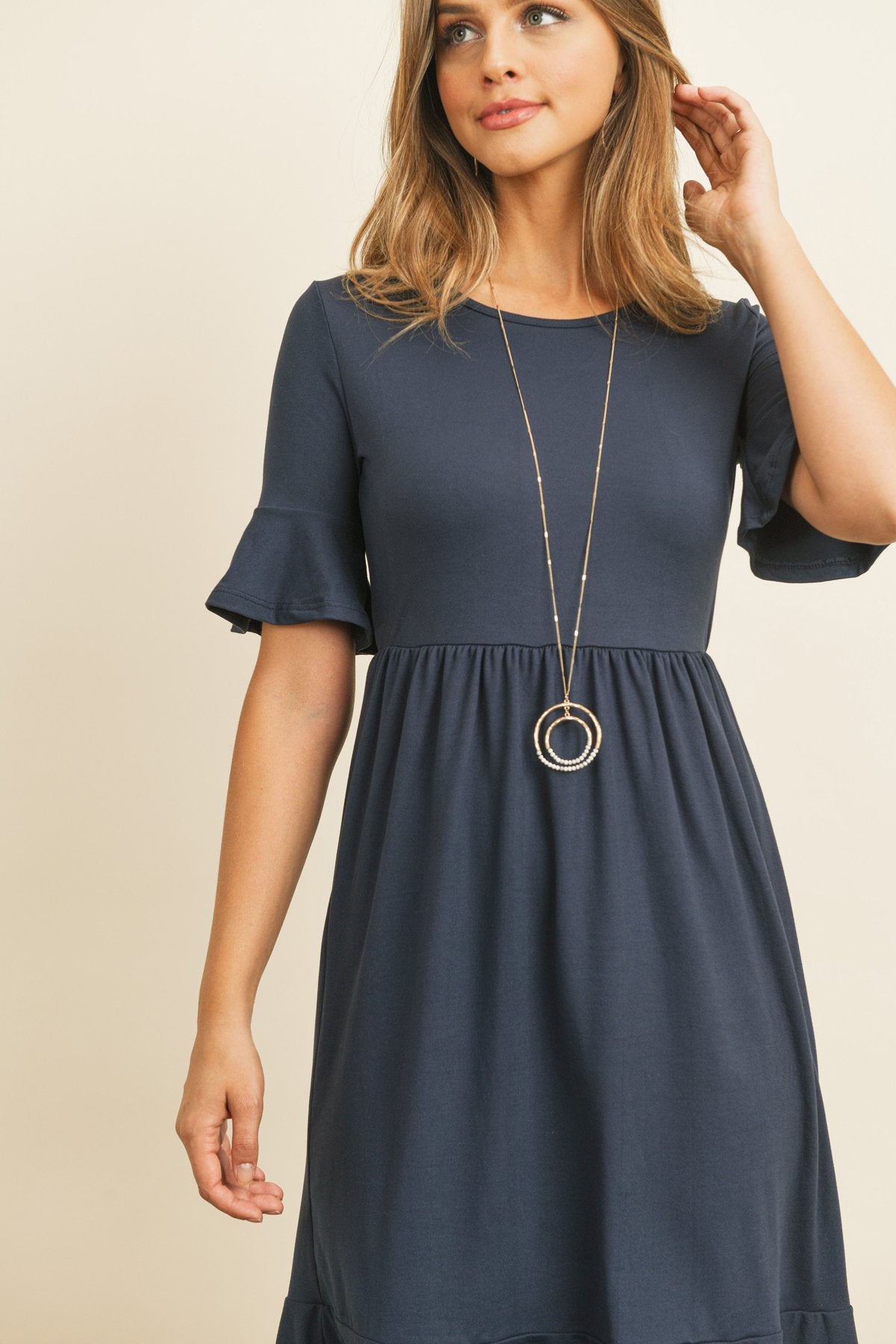 Solid Cinch Waist Ruffle Dress