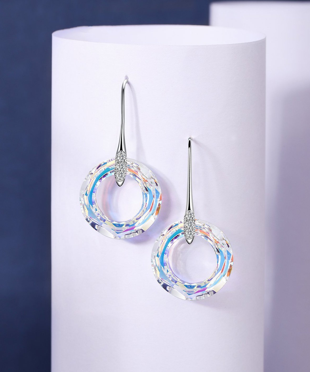 Enlightening Dangle Earrings With Austrian® Crystals - Aurora Boreale in 18K White Gold Plated