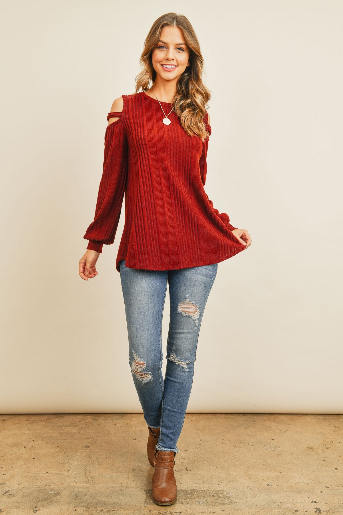 Ladder Open Should Long Sleeved Rib Detail Top