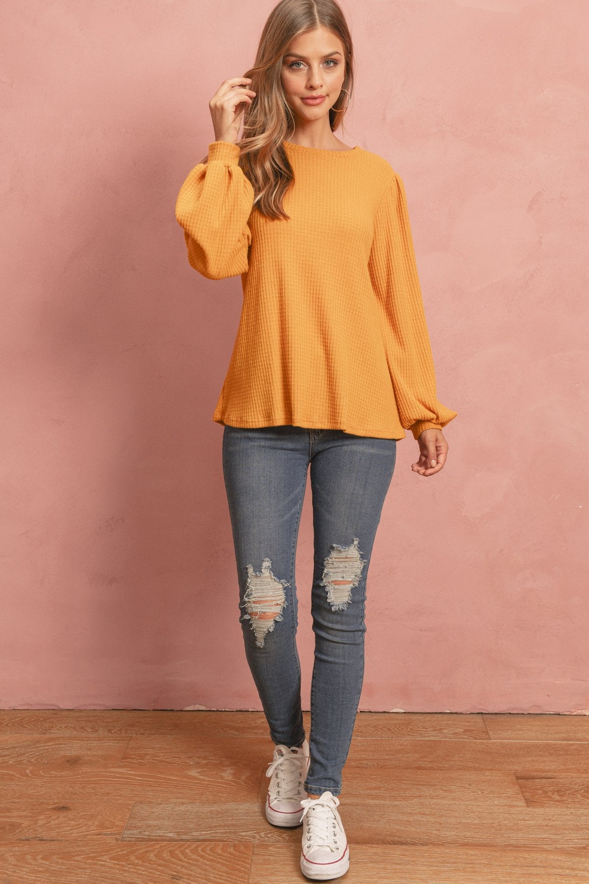 Puff Sleeved Waffle Top