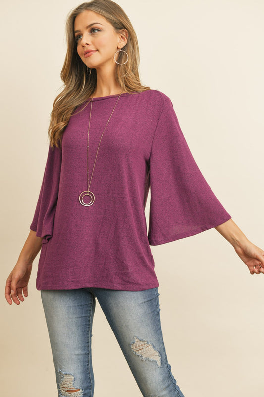 Boat Neck Bell Sleeve Solid Hacci Brushed Top