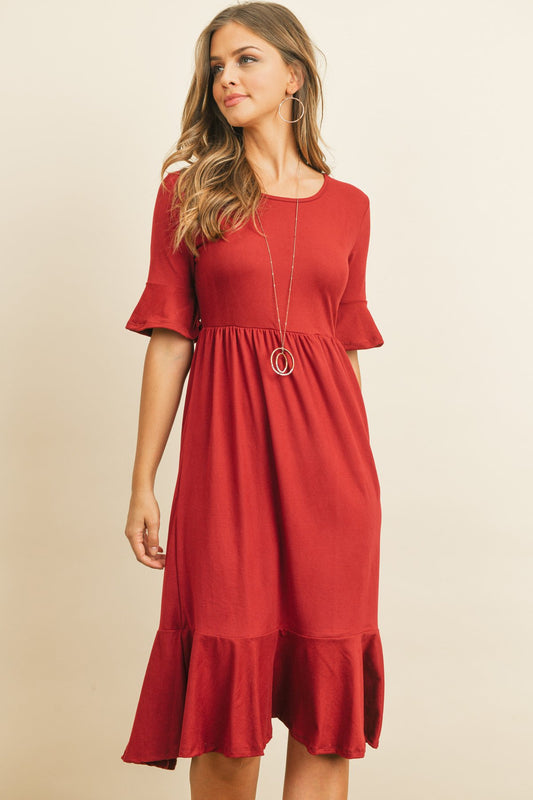 Solid Cinch Waist Ruffle Dress