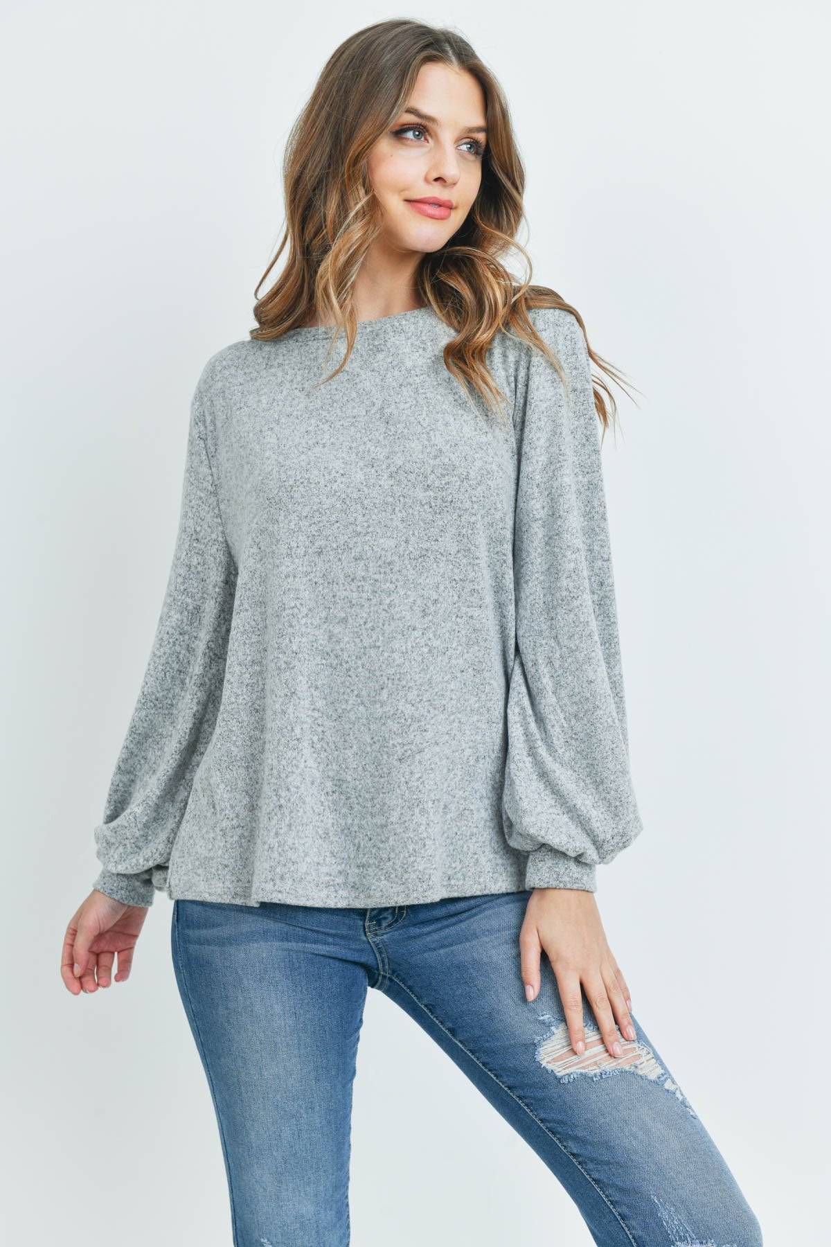 Puff Sleeved Boat Neck Two Toned Brushed Hacci Top