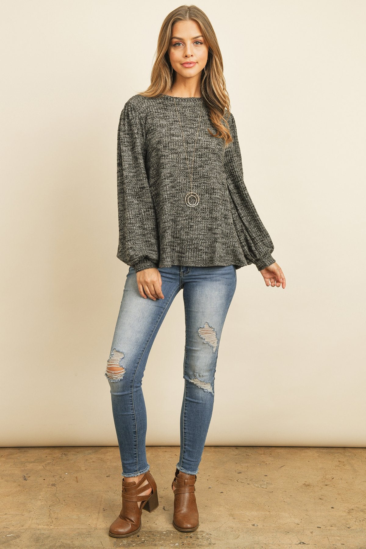 Puff Sleeved Waffle Top