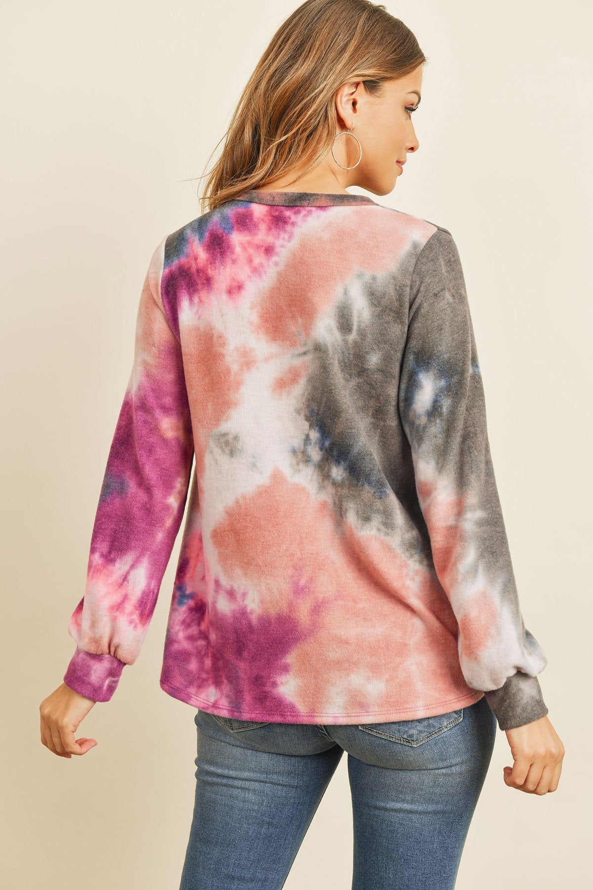 Long Sleeve Boat Neck Tie Dye Round Hem Top