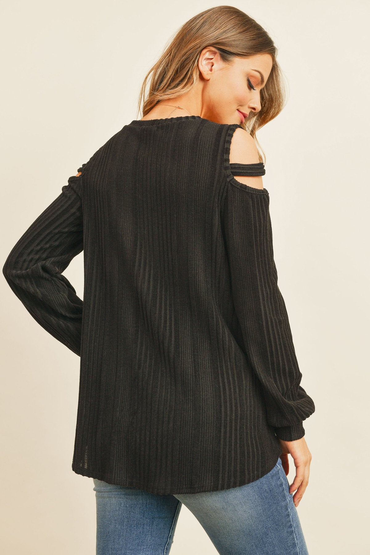 Ladder Open Should Long Sleeved Rib Detail Top