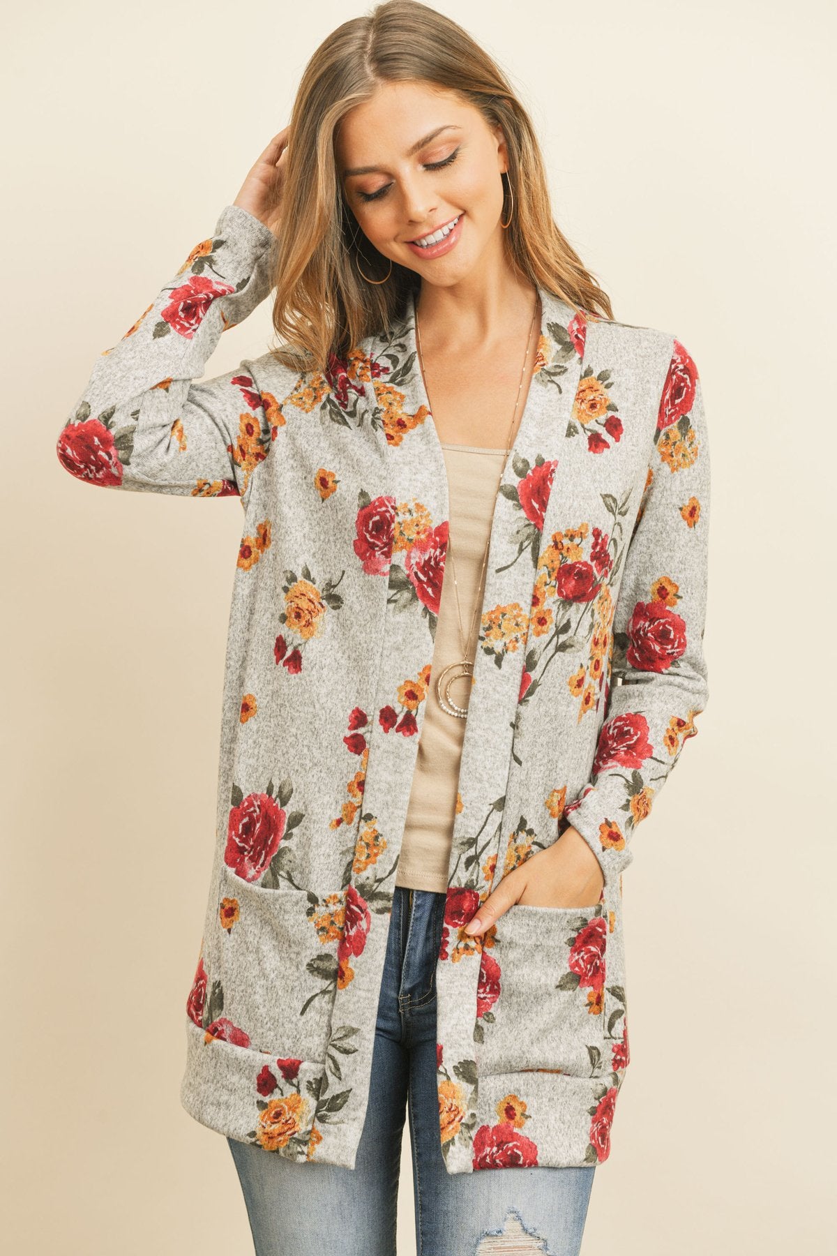 Floral Print Brushed Hacci Cardigan With Pockets