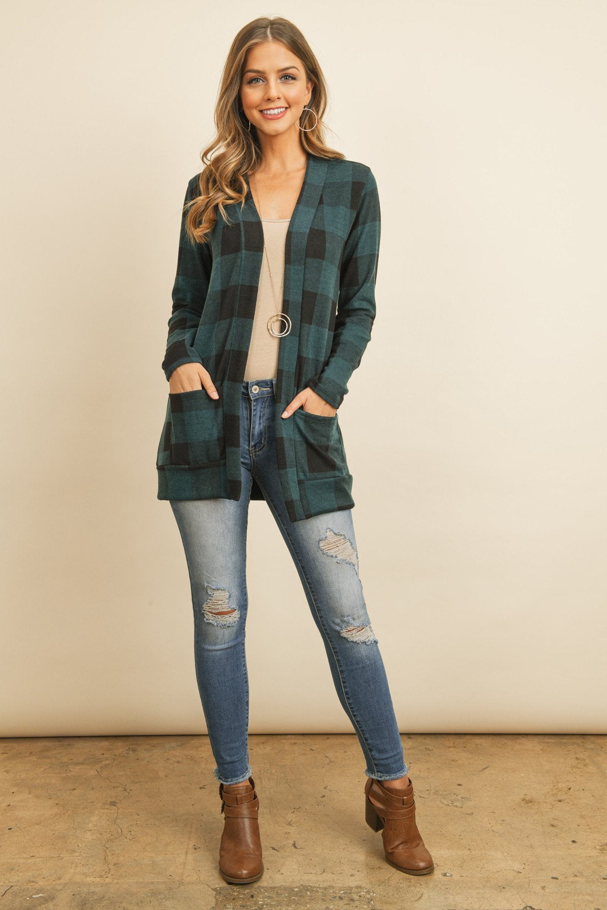 Plaid Long Sleeved Front Pocket Open Cardigan