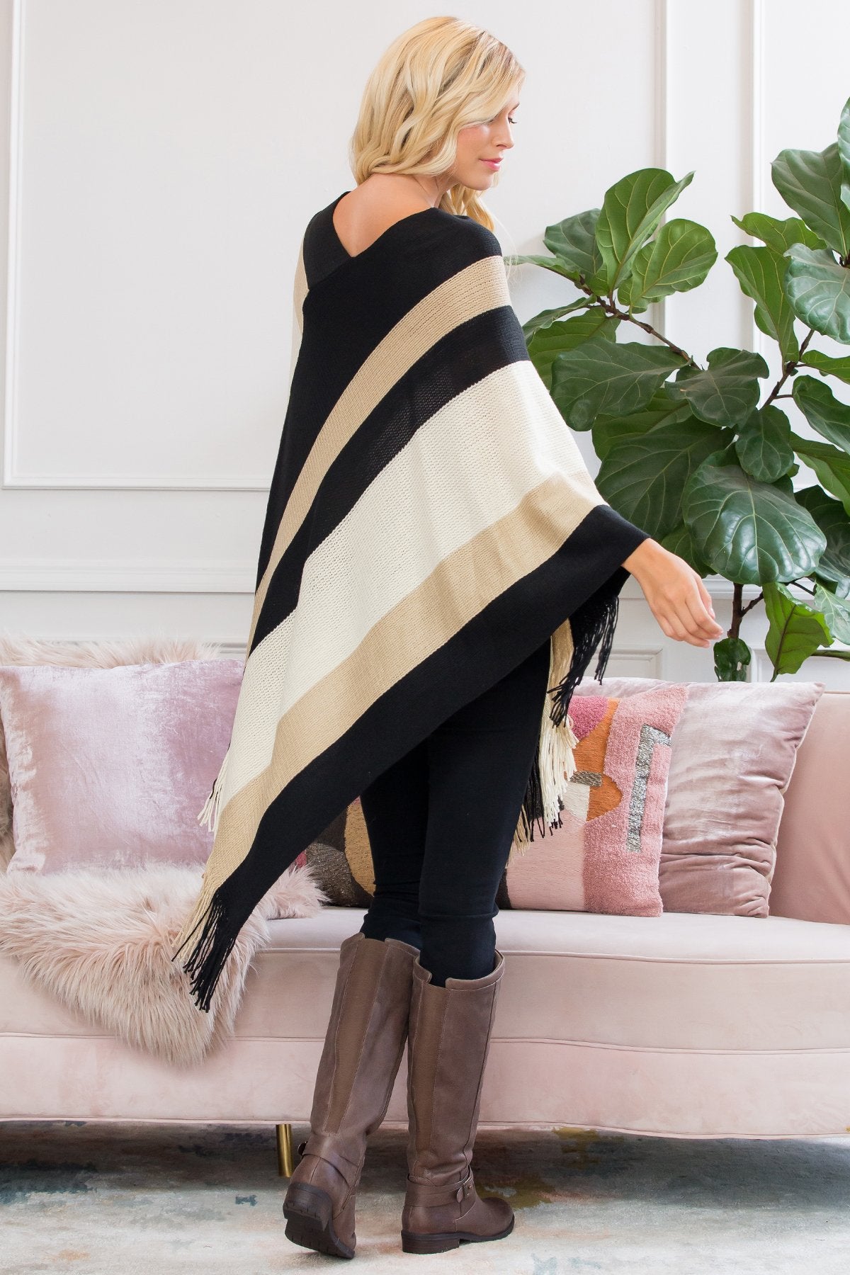 Hdf2099bg - Beige Color Block Fringe Poncho