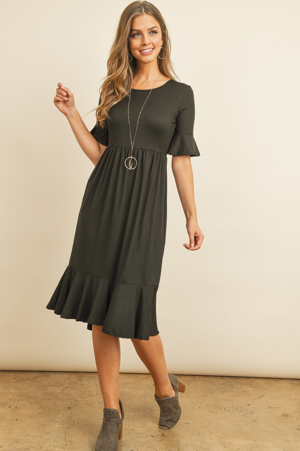 Solid Cinch Waist Ruffle Dress