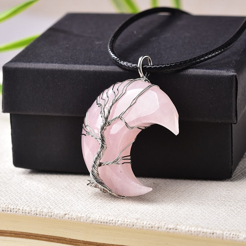 1PC Natural Crystal Pendant Tree of Life Moon Shape Reiki Polished Mineral Jewelry Healing Stone for Men Women Jewelry Gift