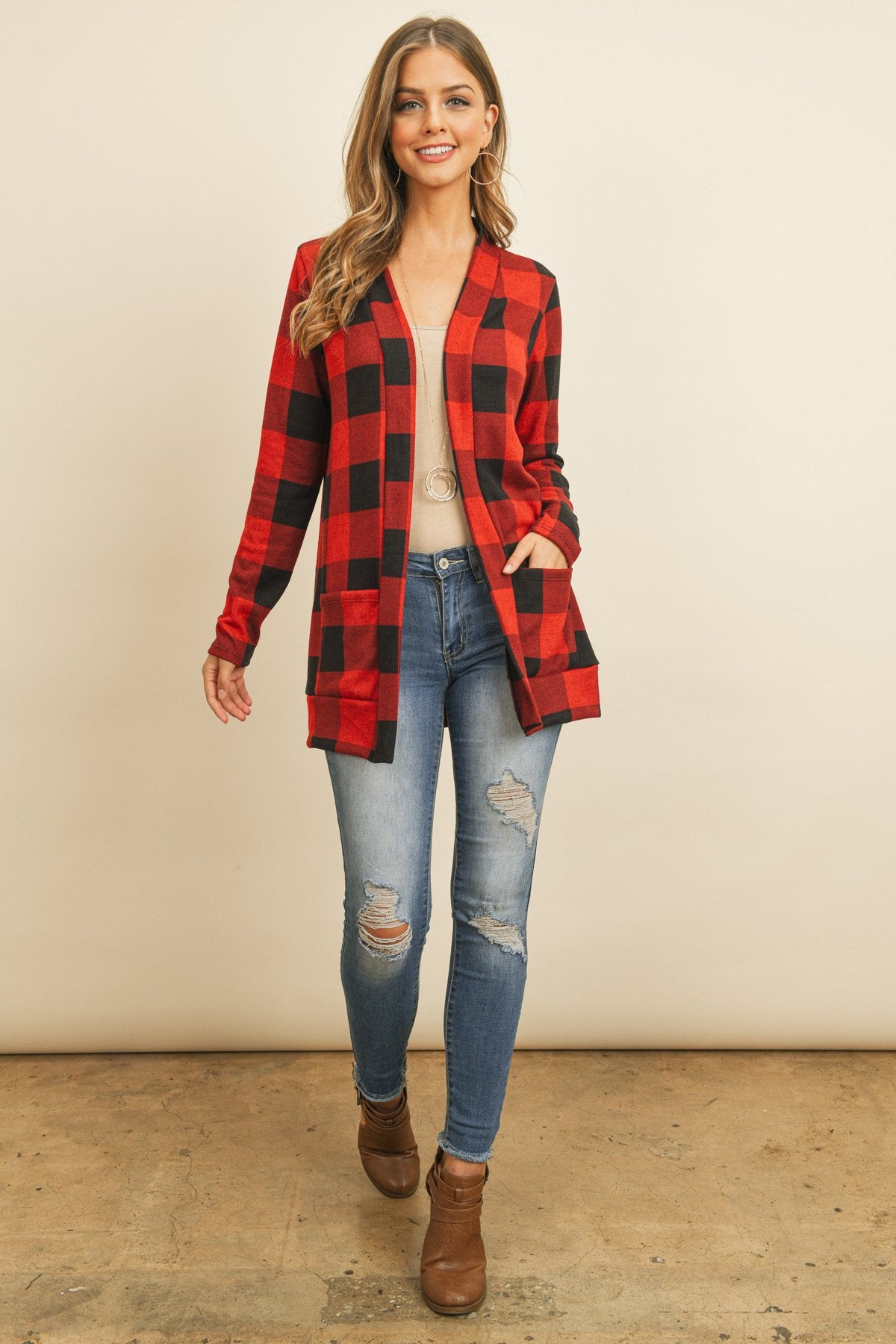 Plaid Long Sleeved Front Pocket Open Cardigan