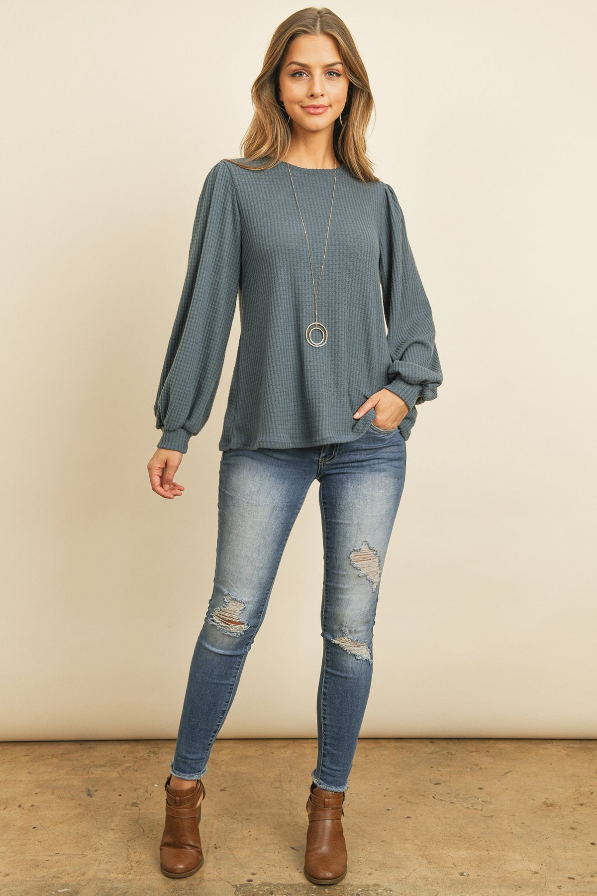 Puff Sleeved Waffle Top