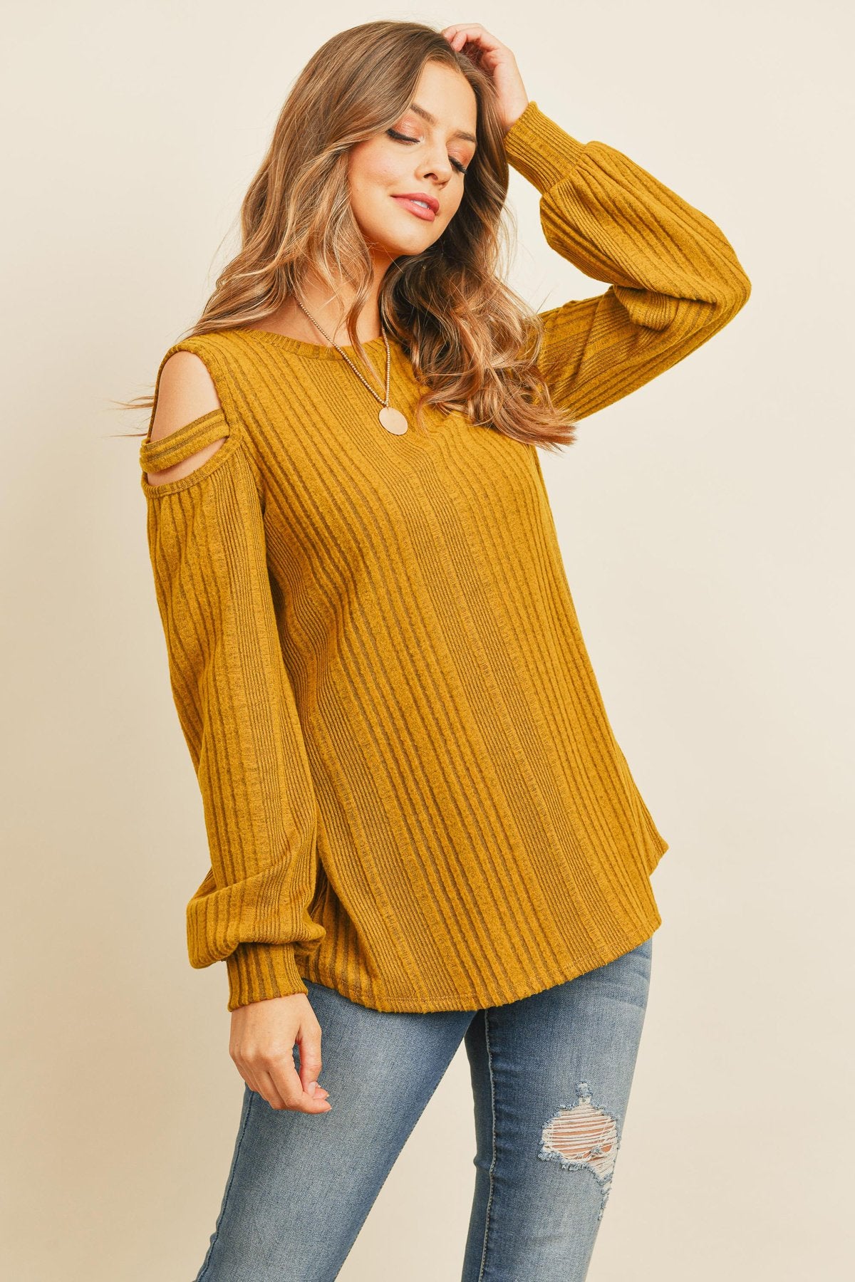 Ladder Open Should Long Sleeved Rib Detail Top