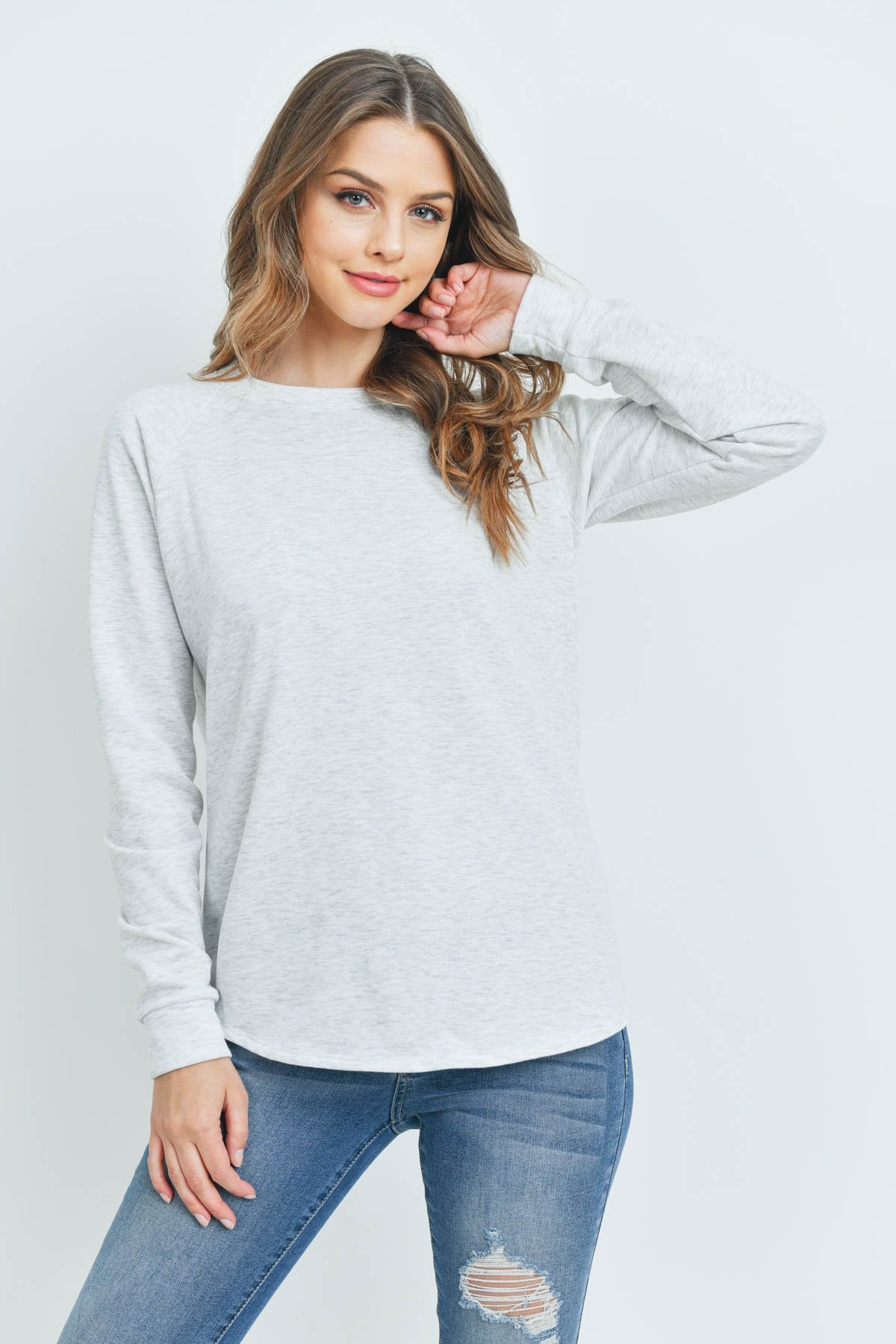 Solid French Terry Brushed Back Round Neck Long Sleeved Top