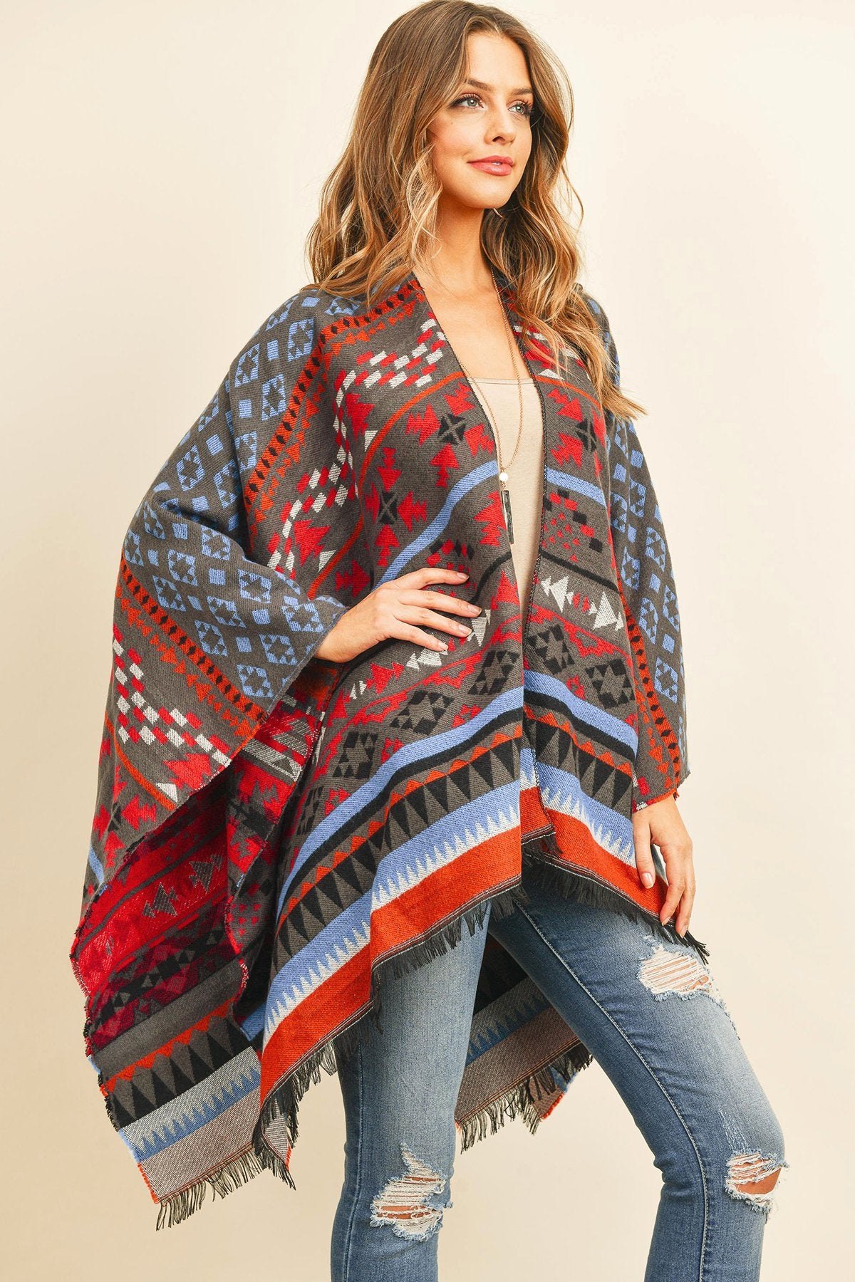 Hdf3148 - Native Pattern Open Front Kimono