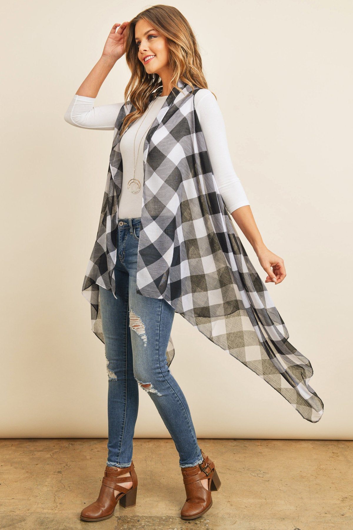 Hdf2567bk - Black Plaid Knee Length Kimono Cardigan