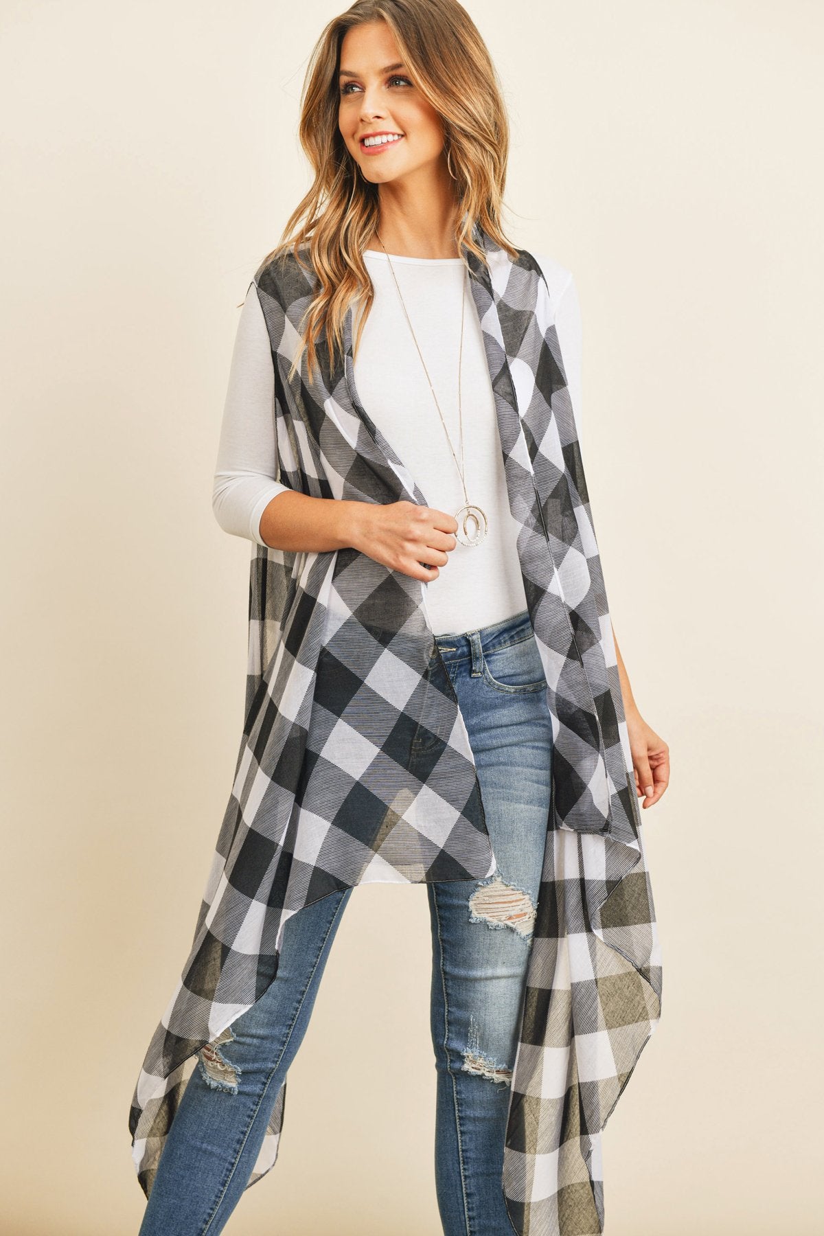 Hdf2567bk - Black Plaid Knee Length Kimono Cardigan