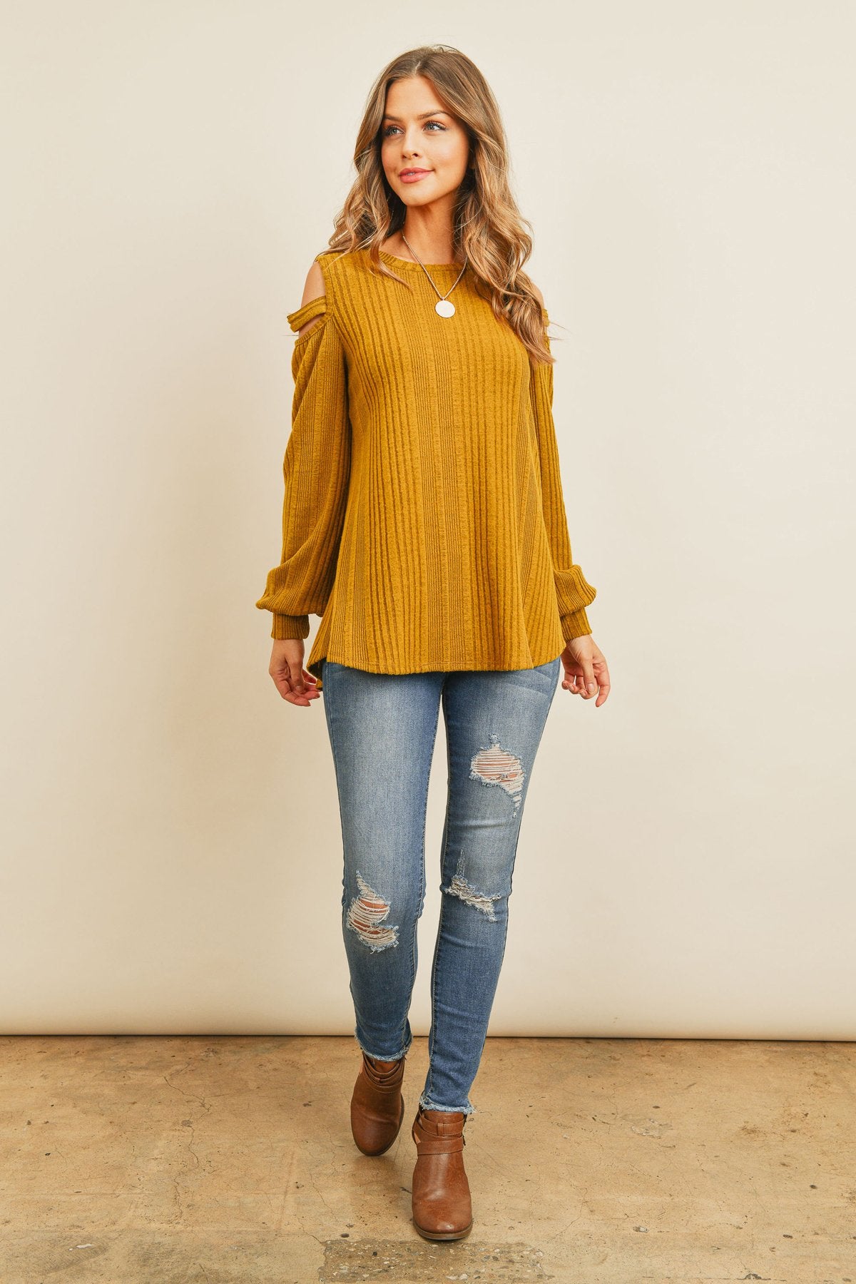 Ladder Open Should Long Sleeved Rib Detail Top