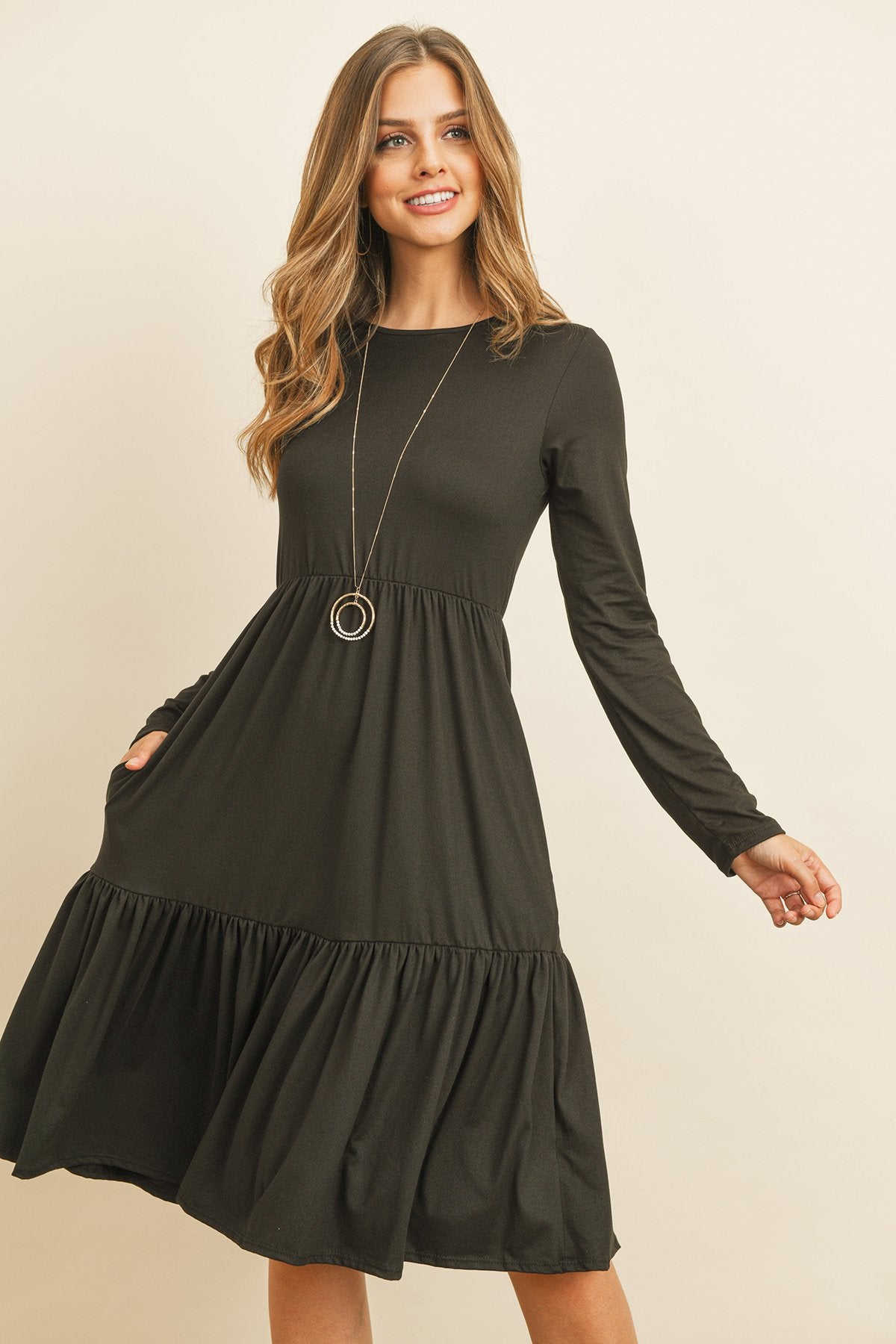 Solid Long Sleeve Double Layered Ruffle Dress