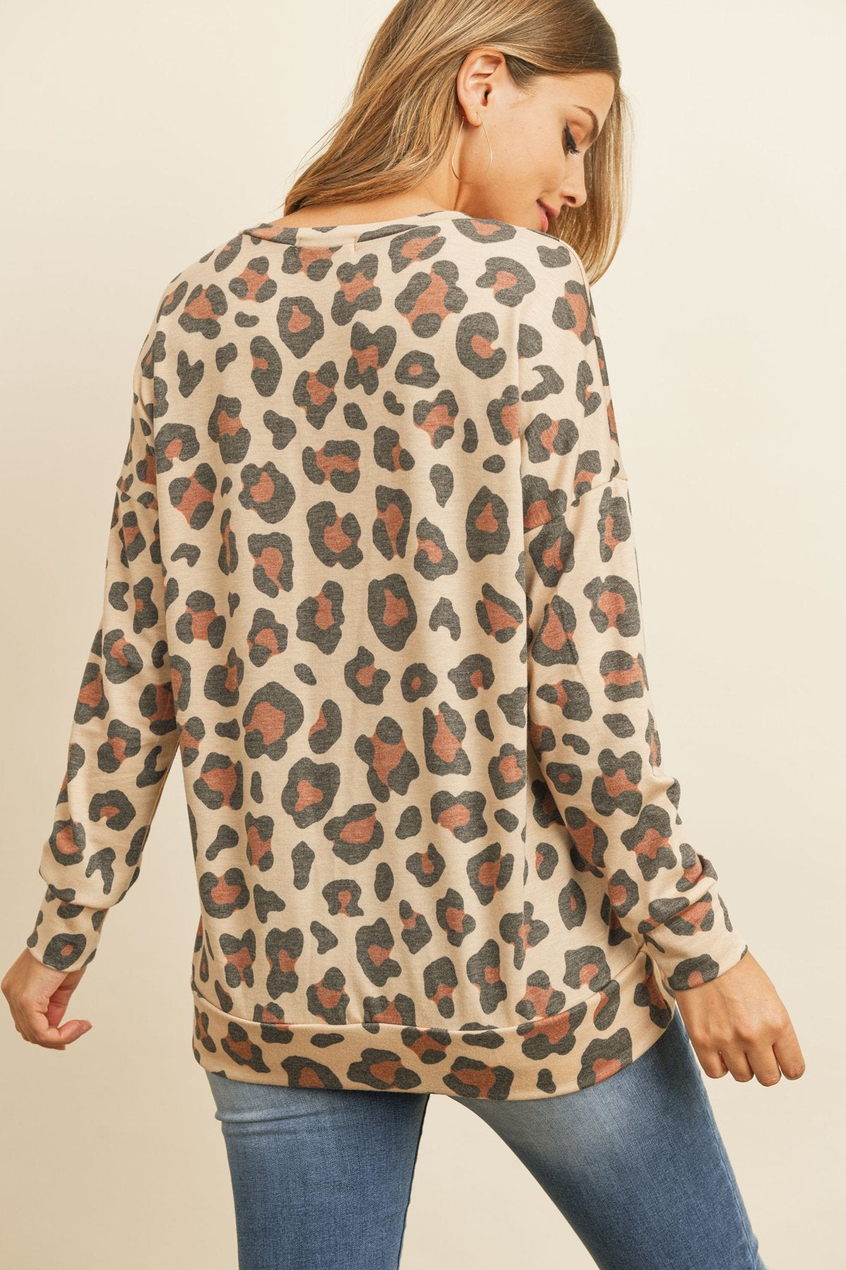 Kangaroo Pocket Long Sleeve Leopard Top