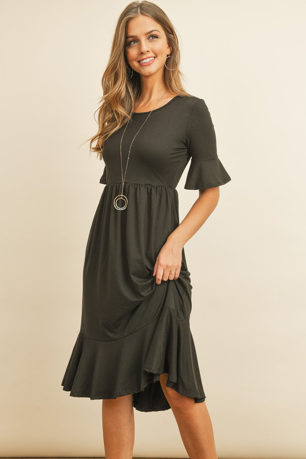 Solid Cinch Waist Ruffle Dress