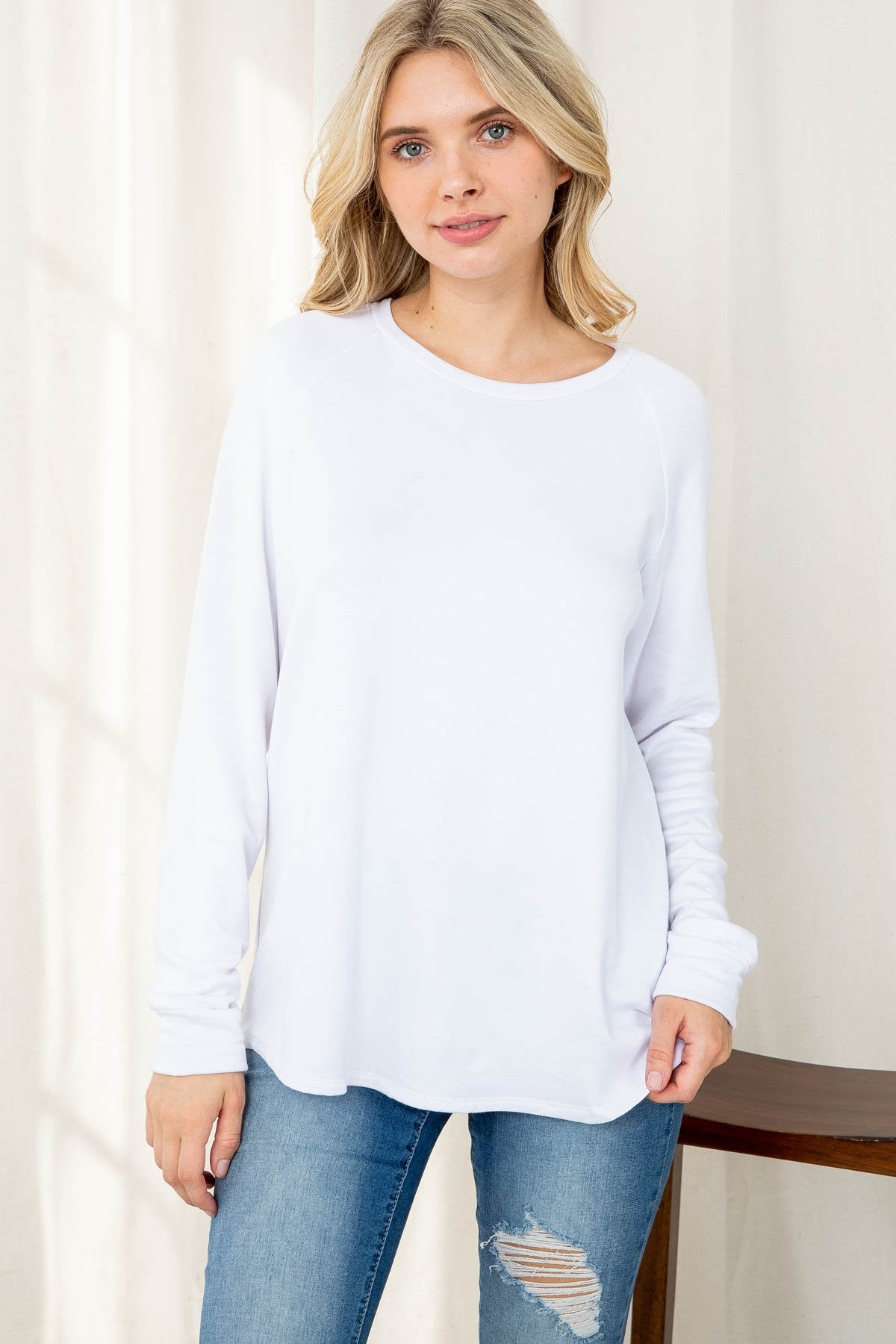 Solid French Terry Brushed Back Round Neck Long Sleeved Top