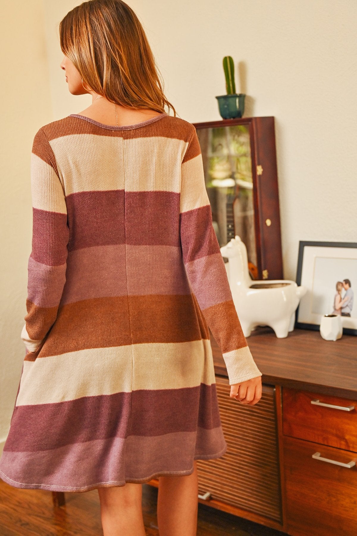 Long Sleeved Rib Stripe Pocket Dress