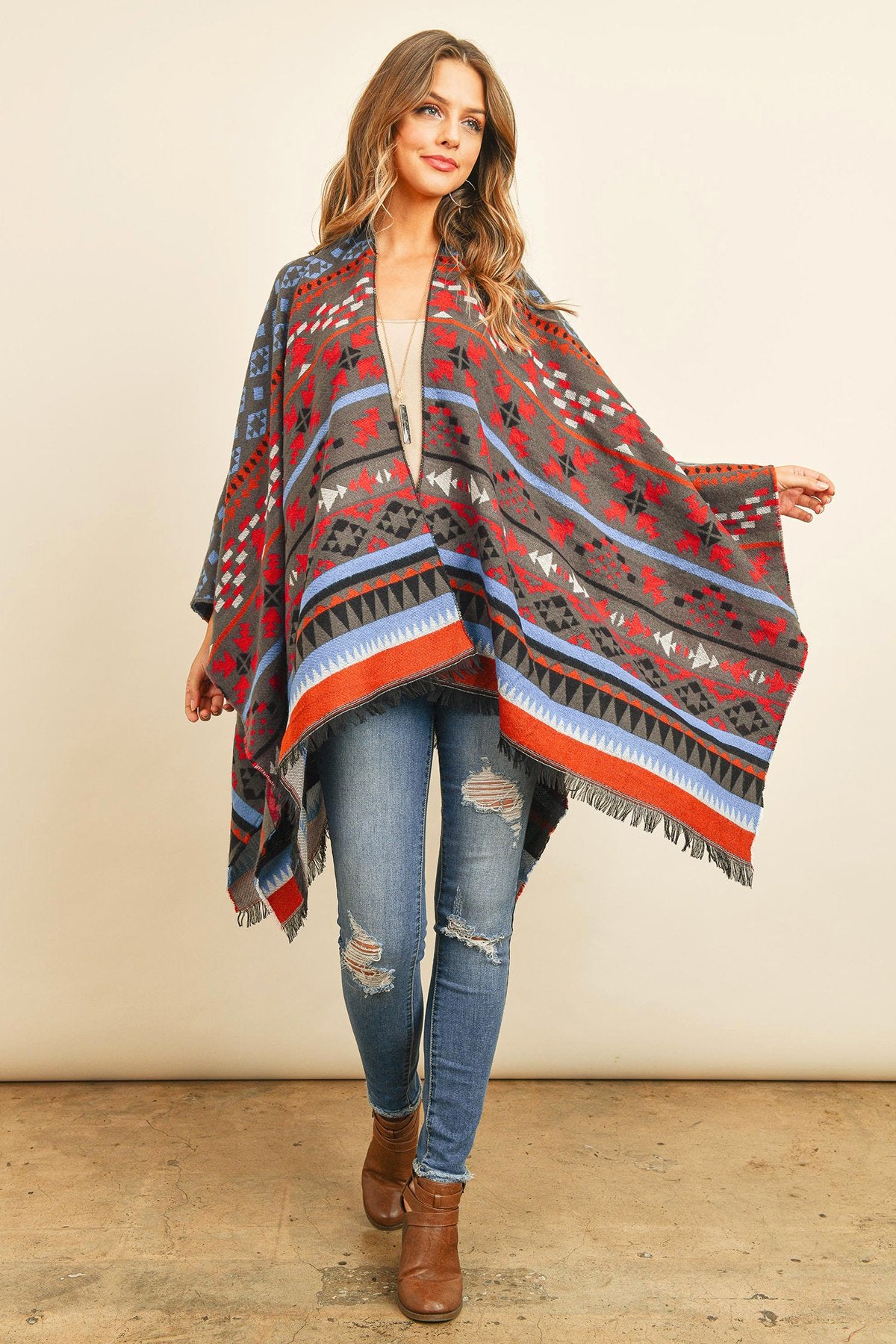 Hdf3148 - Native Pattern Open Front Kimono