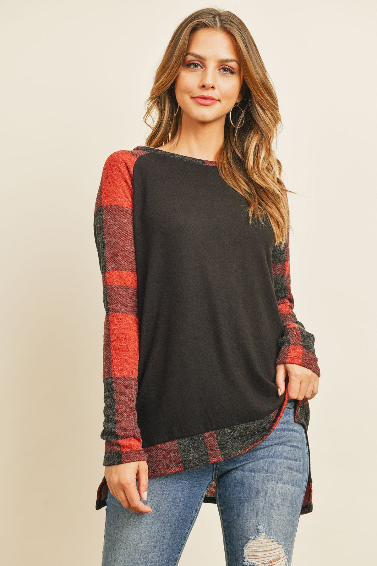 Brush Hacci Plaid Contrast Long Back Hem Top