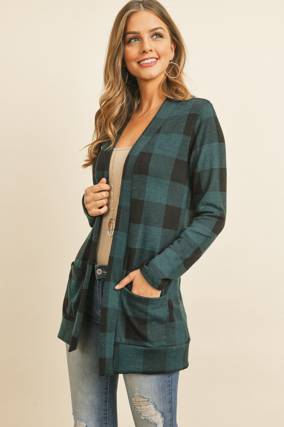 Plaid Long Sleeved Front Pocket Open Cardigan