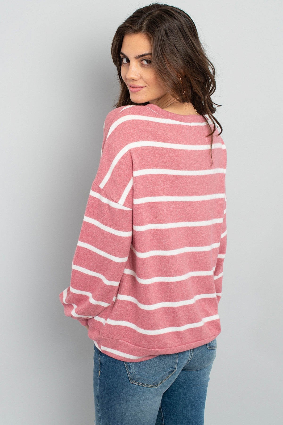 Oversized Puff Sleeved V-Neck Striped Top