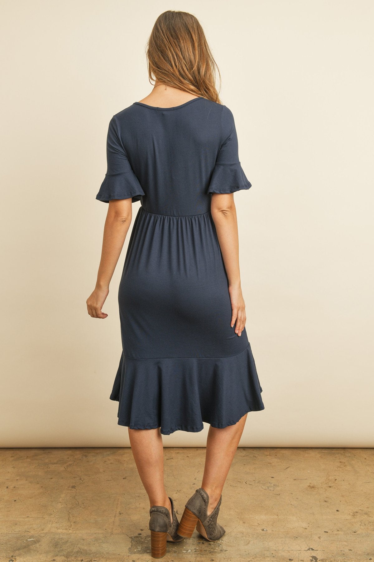 Solid Cinch Waist Ruffle Dress