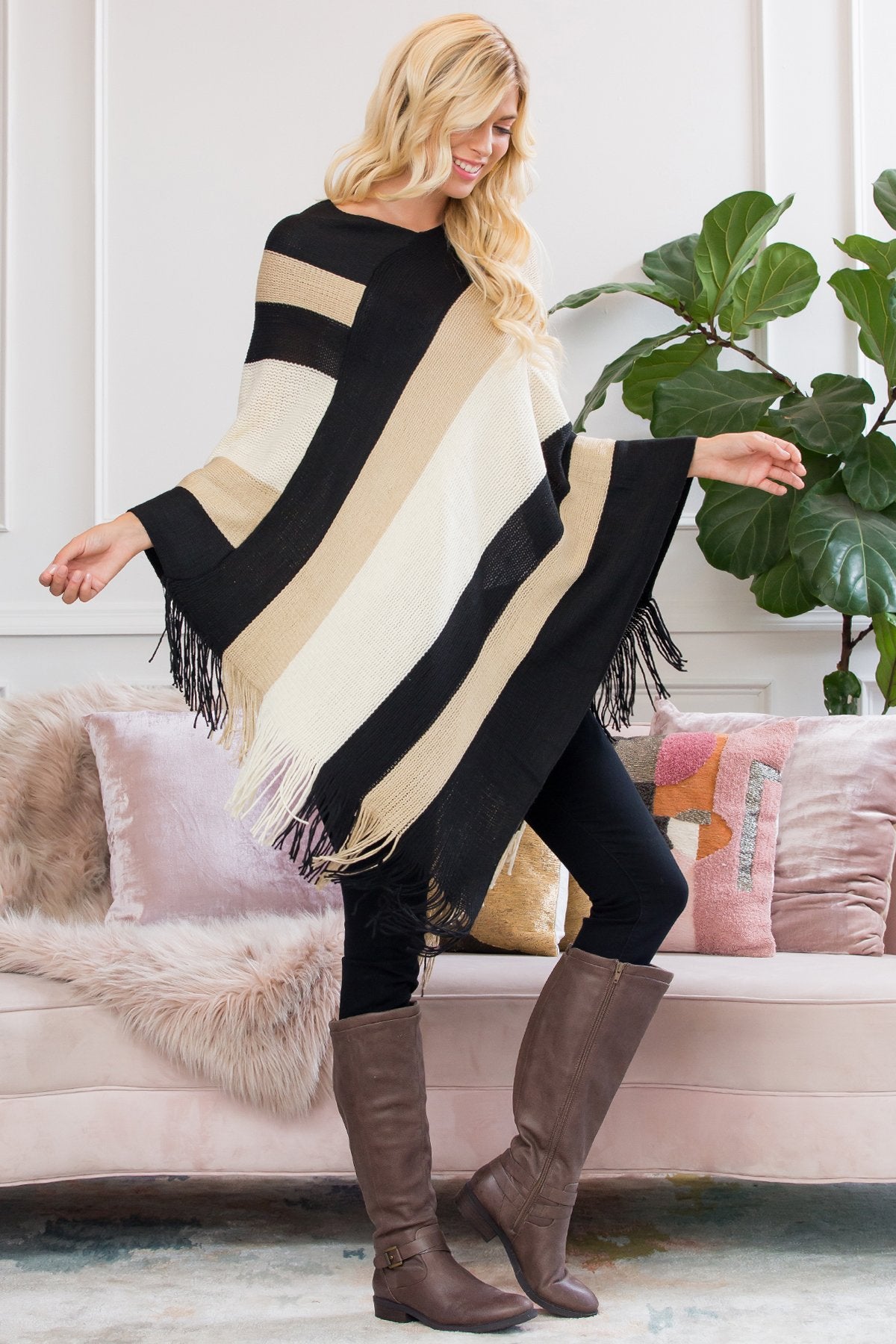 Hdf2099bg - Beige Color Block Fringe Poncho