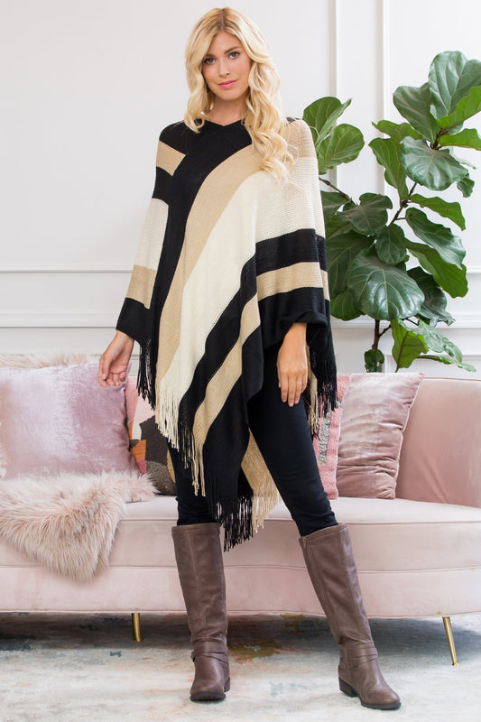 Hdf2099bg - Beige Color Block Fringe Poncho