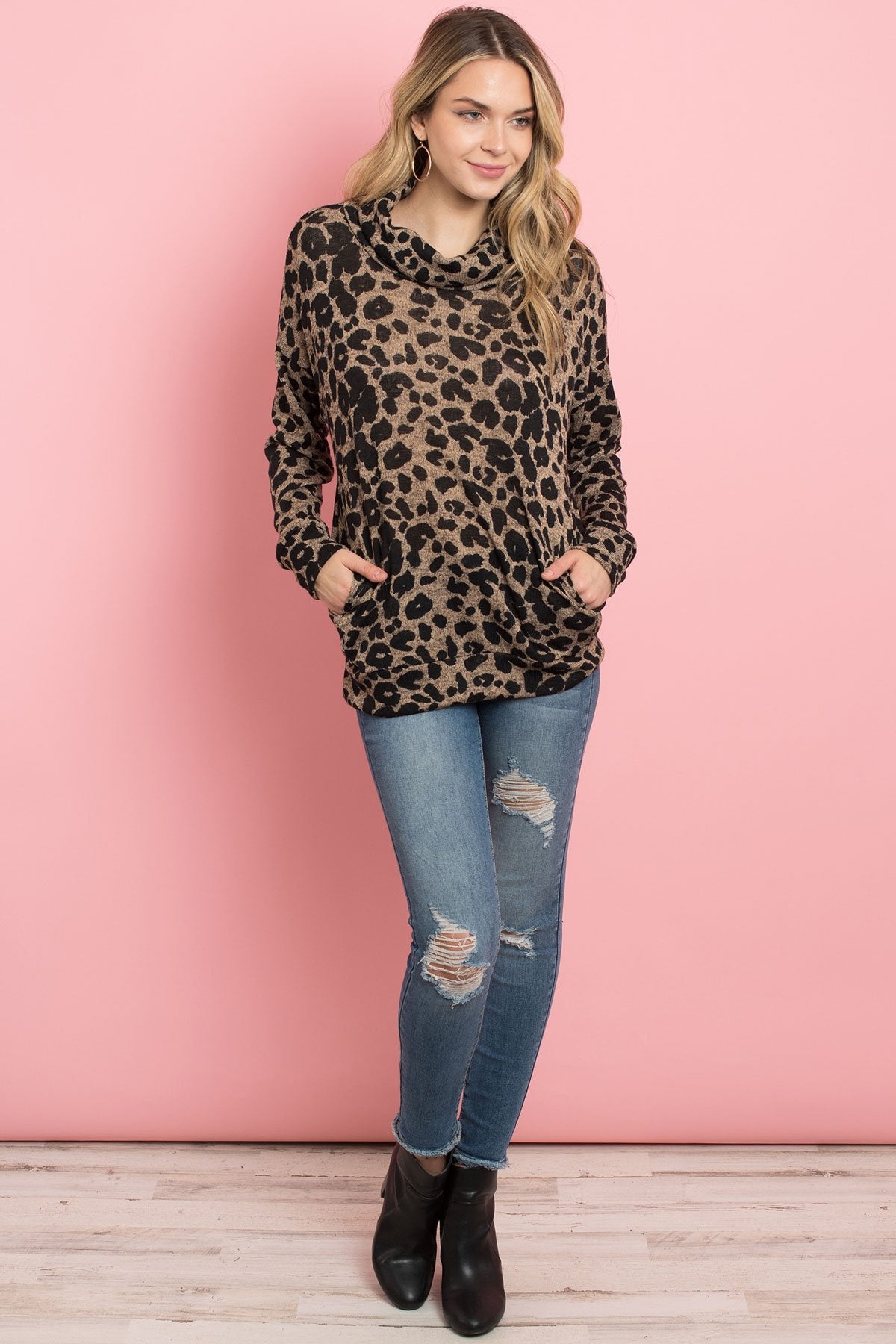 Cowl Neck Leopard Sweater With Inseam Pocket