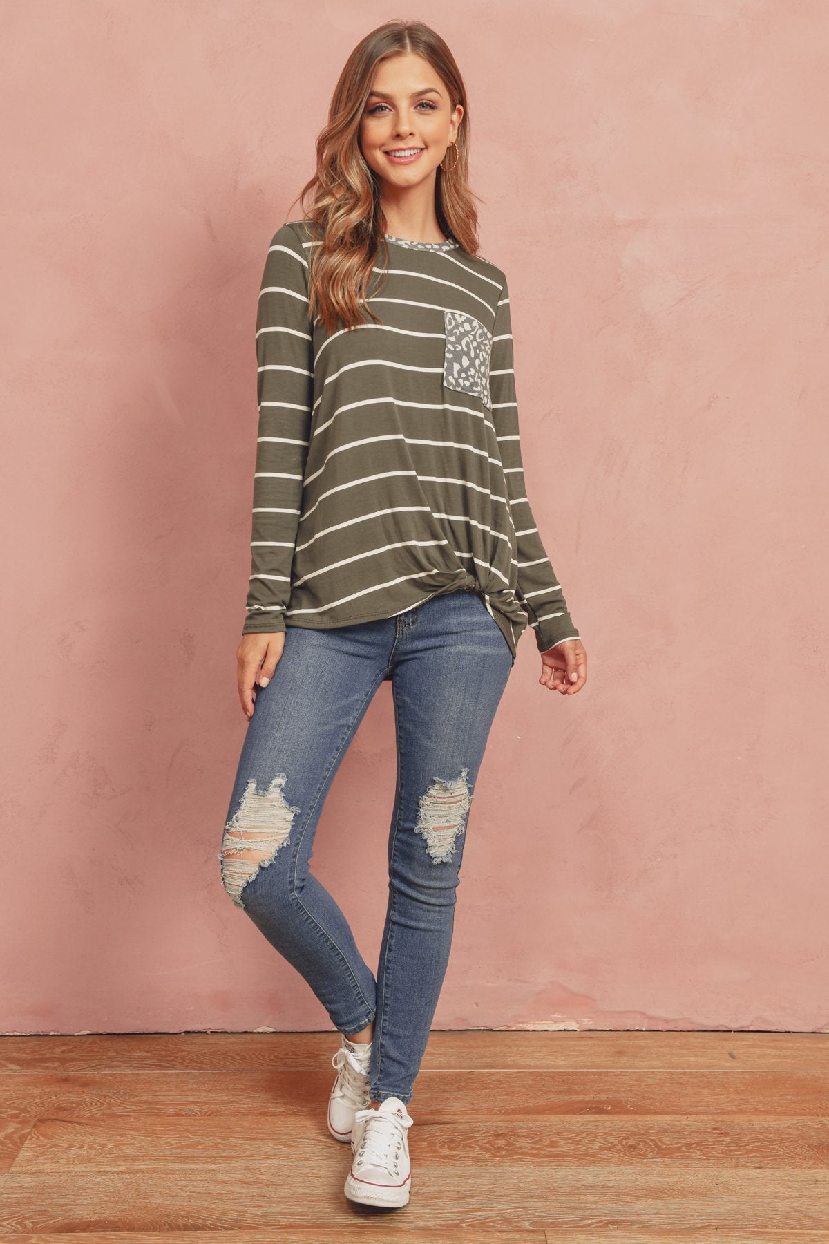 Striped Knot Top With Pocket