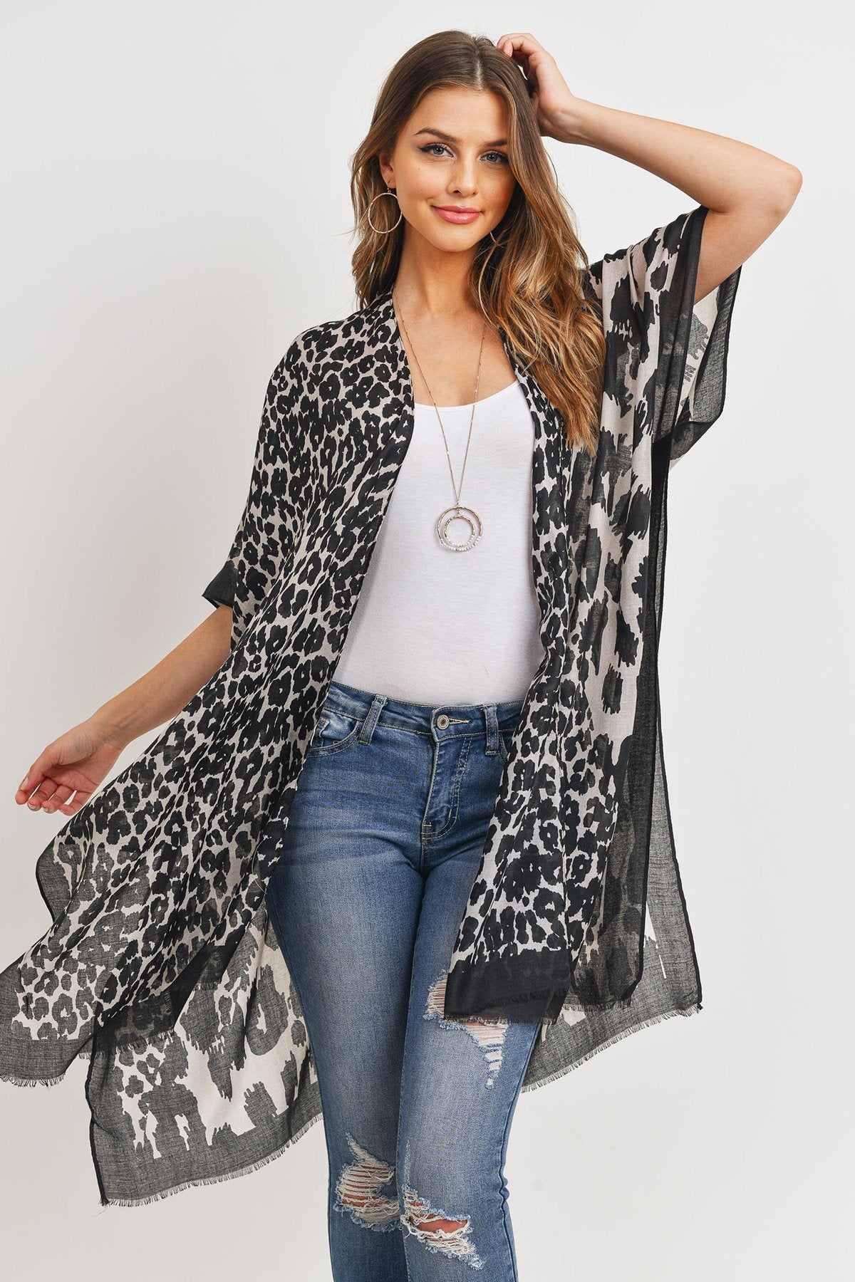 Animal Print Open Front Kimono