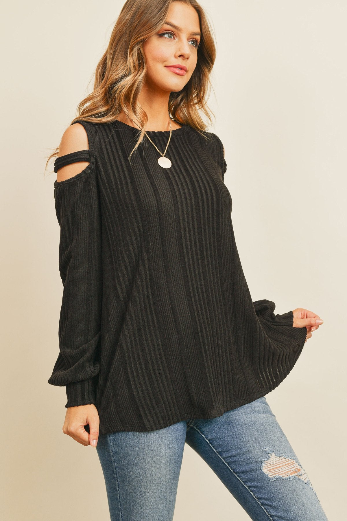 Ladder Open Should Long Sleeved Rib Detail Top