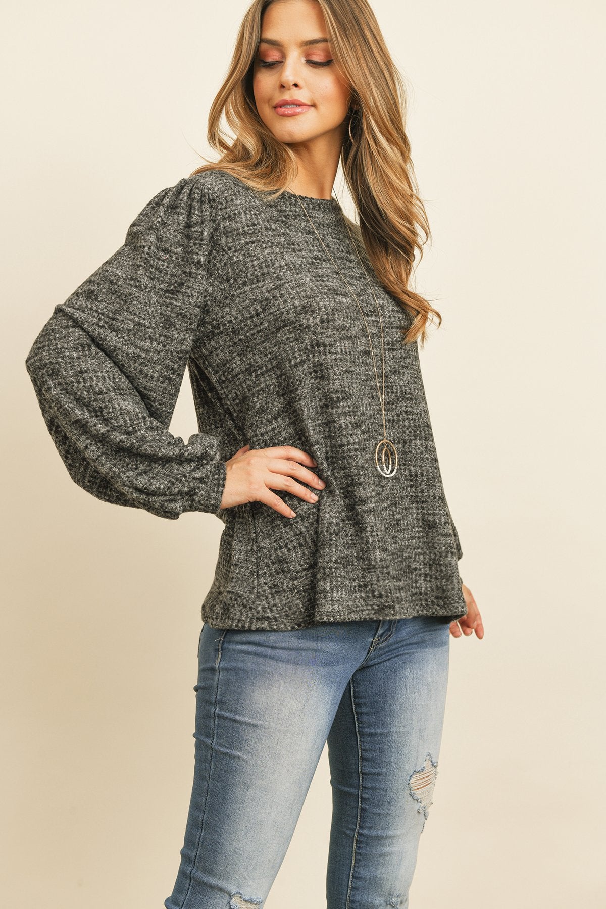 Puff Sleeved Waffle Top