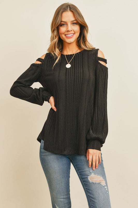 Ladder Open Should Long Sleeved Rib Detail Top