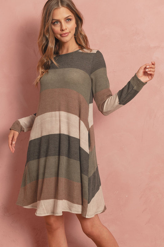 Long Sleeved Rib Stripe Pocket Dress