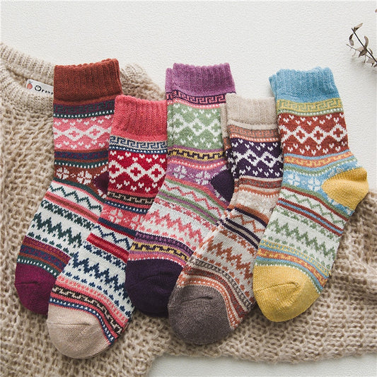 5Pairs/Lot New Winter Thick Warm Wool Women Socks Vintage Christmas Socks Colorful Socks Gift Moda Feminina Sock
