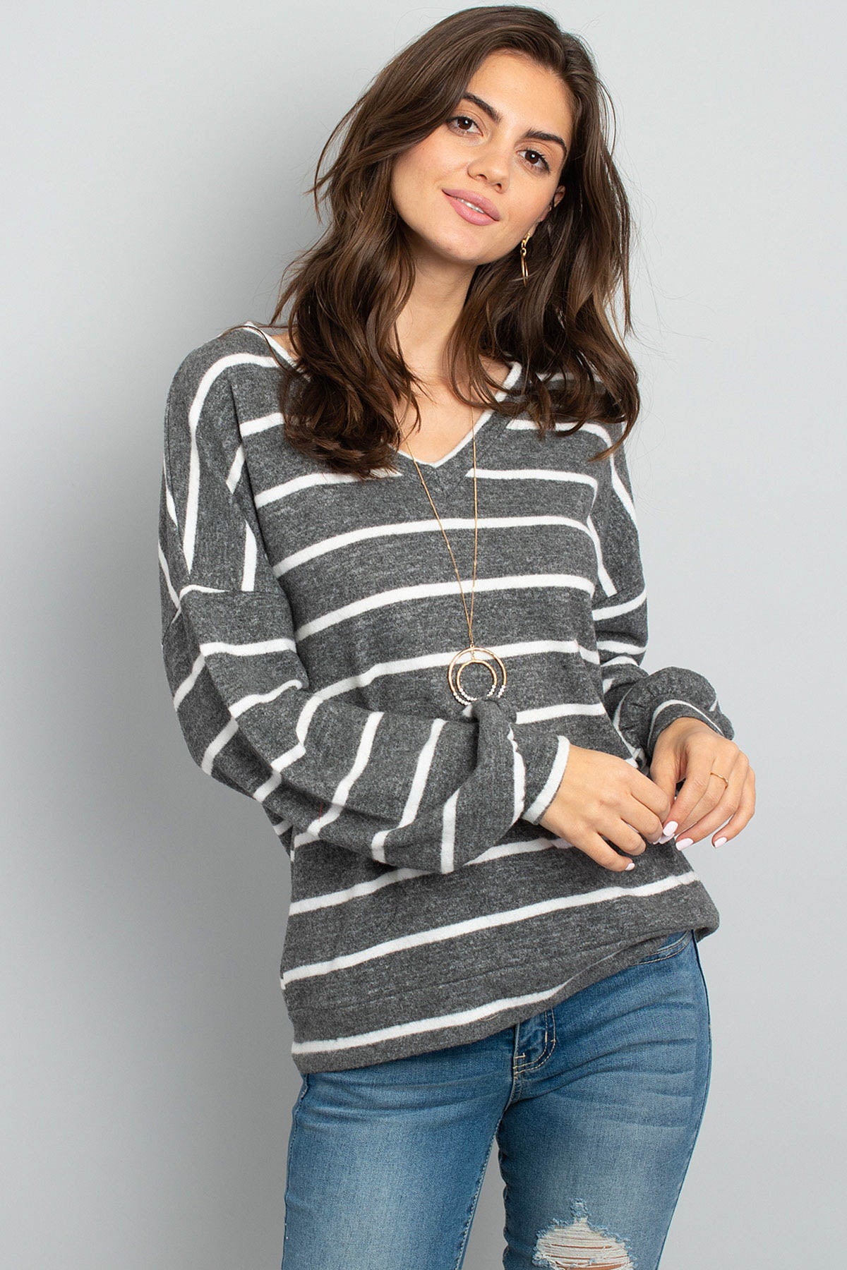 Oversized Puff Sleeved V-Neck Striped Top