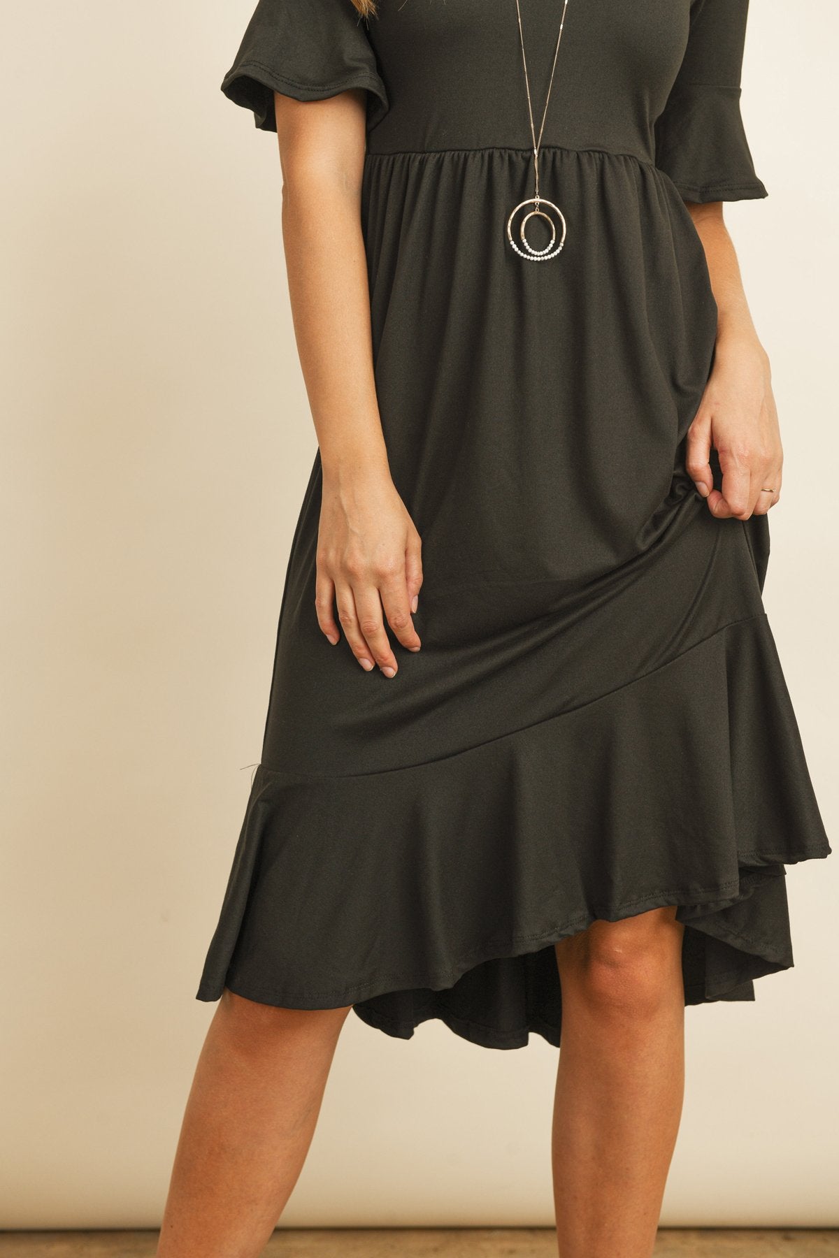 Solid Cinch Waist Ruffle Dress